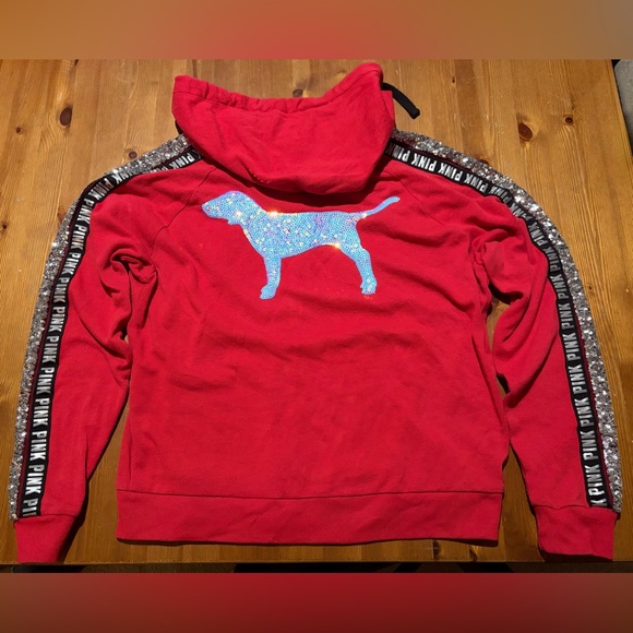 PINK Victoria's Secret Tops - PINK VS Full Zip Hoodie with Bling Sequin Dog Design and Sequin Sleeve Stripes